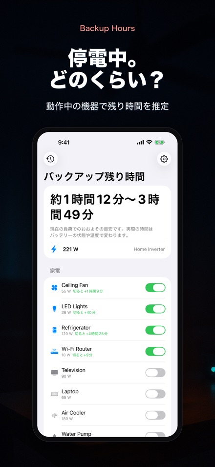 バックアップ時間:残り何時間
