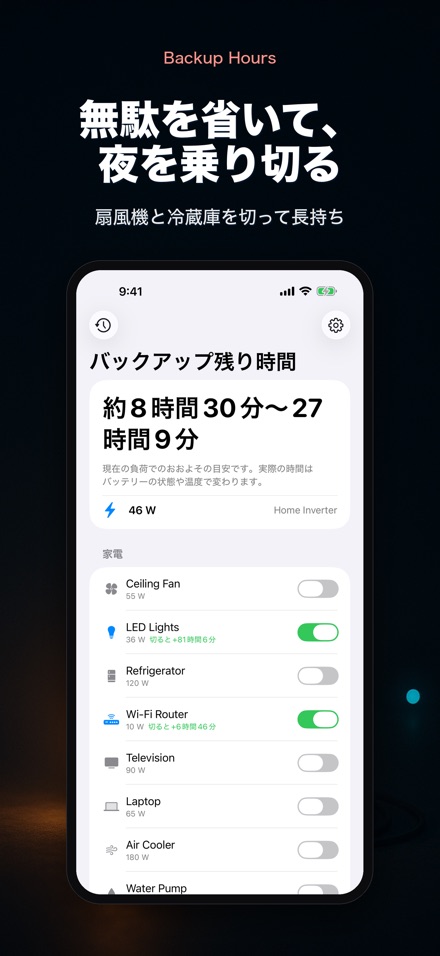 バックアップ時間:残り何時間 2