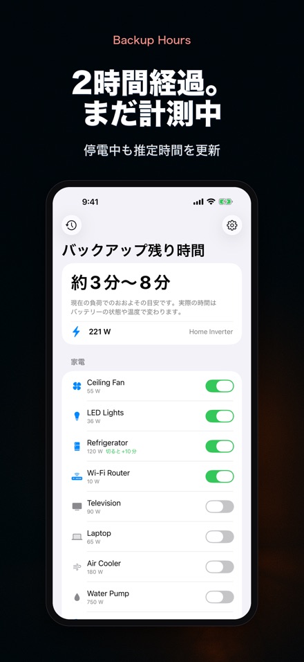 バックアップ時間:残り何時間 5
