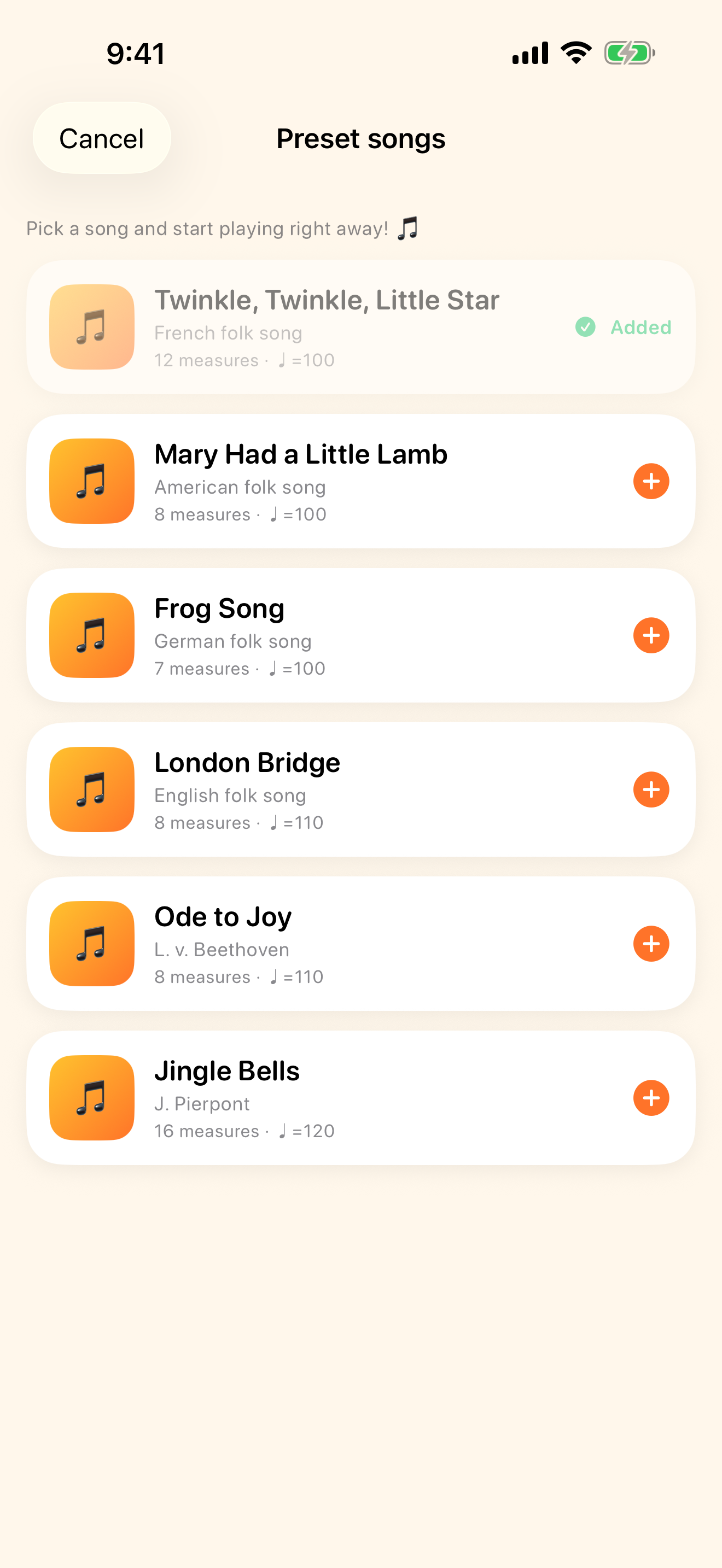 Start right away with built-in songs