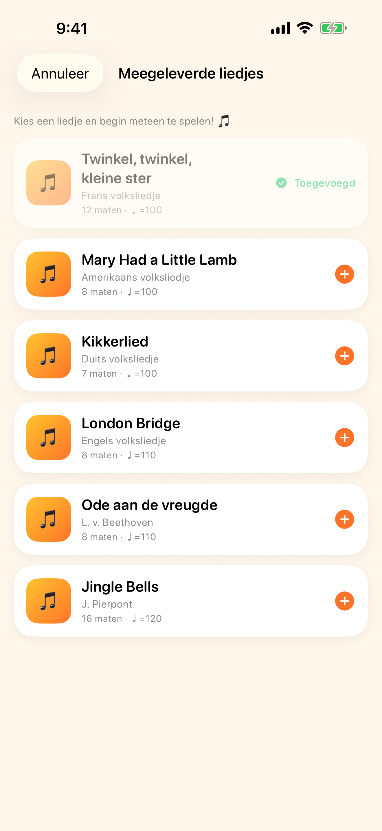 Begin meteen met ingebouwde liedjes