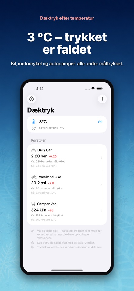 Dæktryk efter temperatur